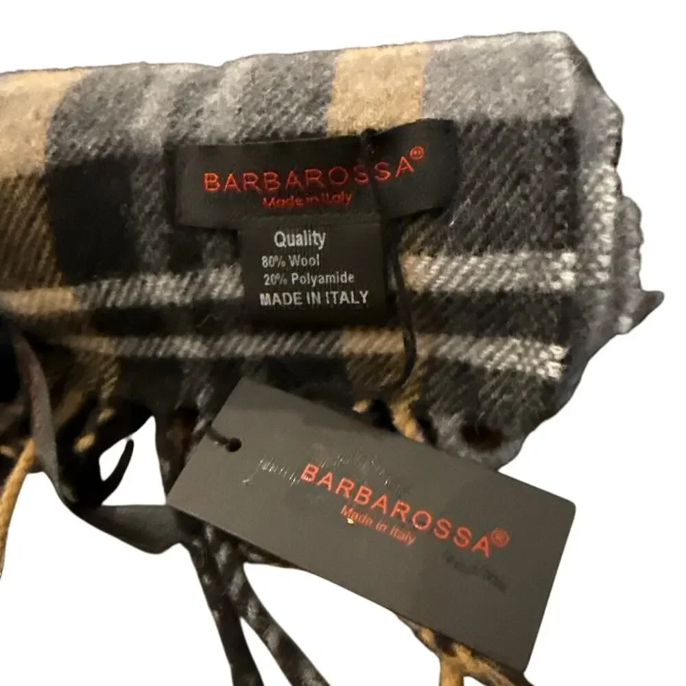 Barbarossa Soft Wool Winter Plaid Scarf Warm Tassel Ends Made in Italy NEW